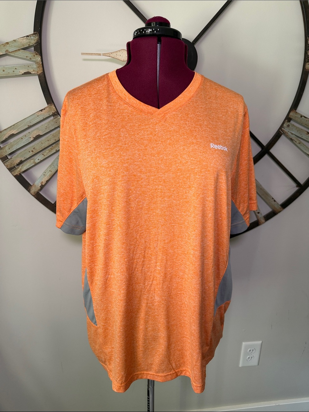 Reebok Orange Short-Sleeve V-Neck Athletic Tee with Gray Panels